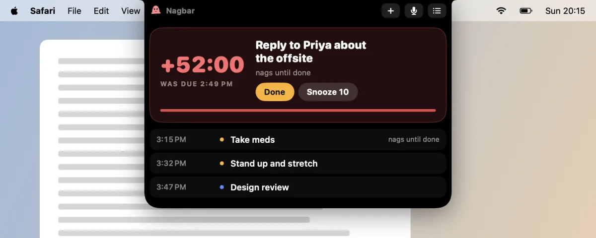 The notch panel: a late reminder counting up, with Done and Snooze 10, and the next items