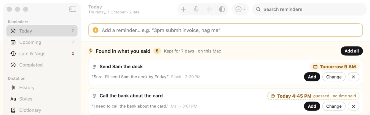 Nagbar's Today window: a Found in what you said list with Send Sam the deck, Tomorrow 9 AM, from Slack